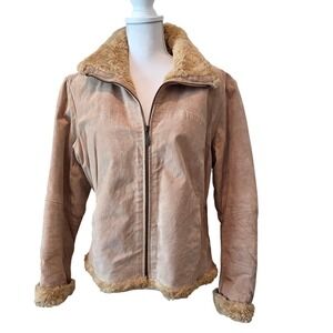 Mudd Womens Large Tan Suede Genuine Leather Faux Fur Trim Zip Jacket Y2K